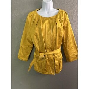 Lafayette 148‎ Yellow Metallic Jacket Sz 10 Belt Shiny Dressy Short Cotton Blend